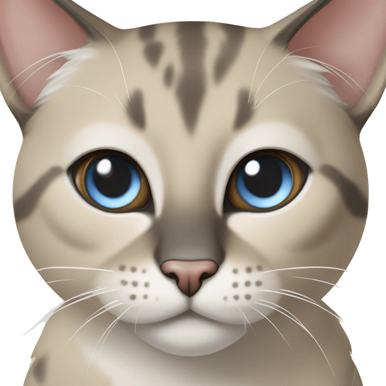 Thai breed adult cat with a light cream-brown body, dark gray nose and face, ears, and paws. sharp ears, and striking light blue eyes  emoji