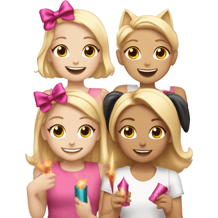 three blonde girls are holding a firecracker and smiling, one has a pink bow, the other has a black headband with cat ears, the third is slightly taller than the others emoji