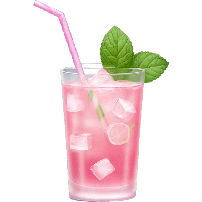 glass of pink lemonade with ice cubes, mint leaves, and a striped pink straw emoji