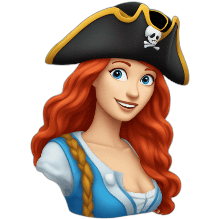 Woman long red hair down one side in a single platt. pirate hat. One side of head has no hair. Blue eyes. skull and crossbones t shirt emoji