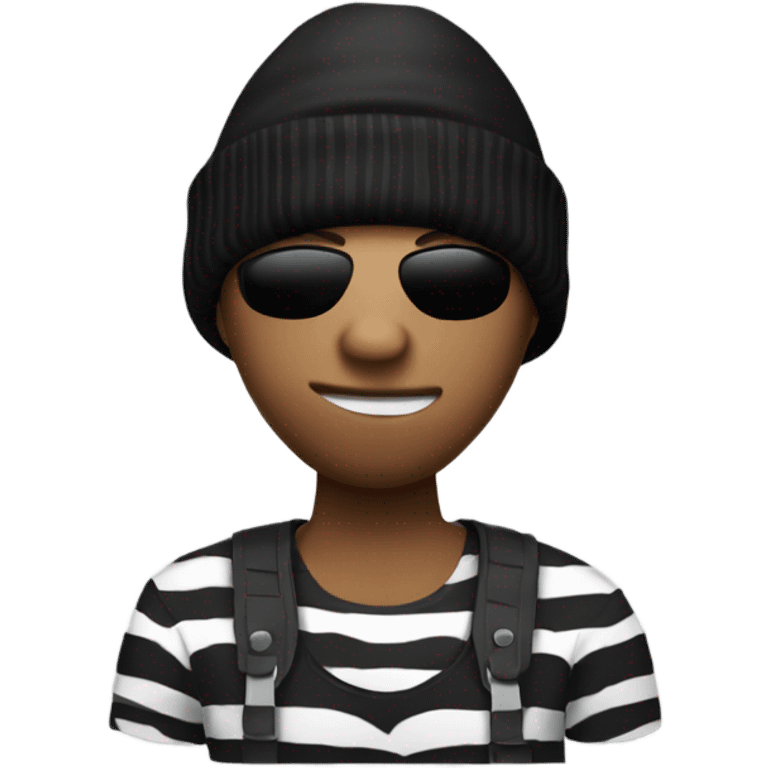 Robber with a money bag in his left hand with a zebra shaped shirt and black beanie emoji