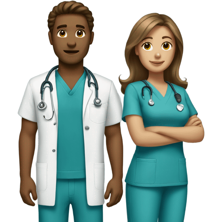 Couple wearing scrubs brown hair emoji