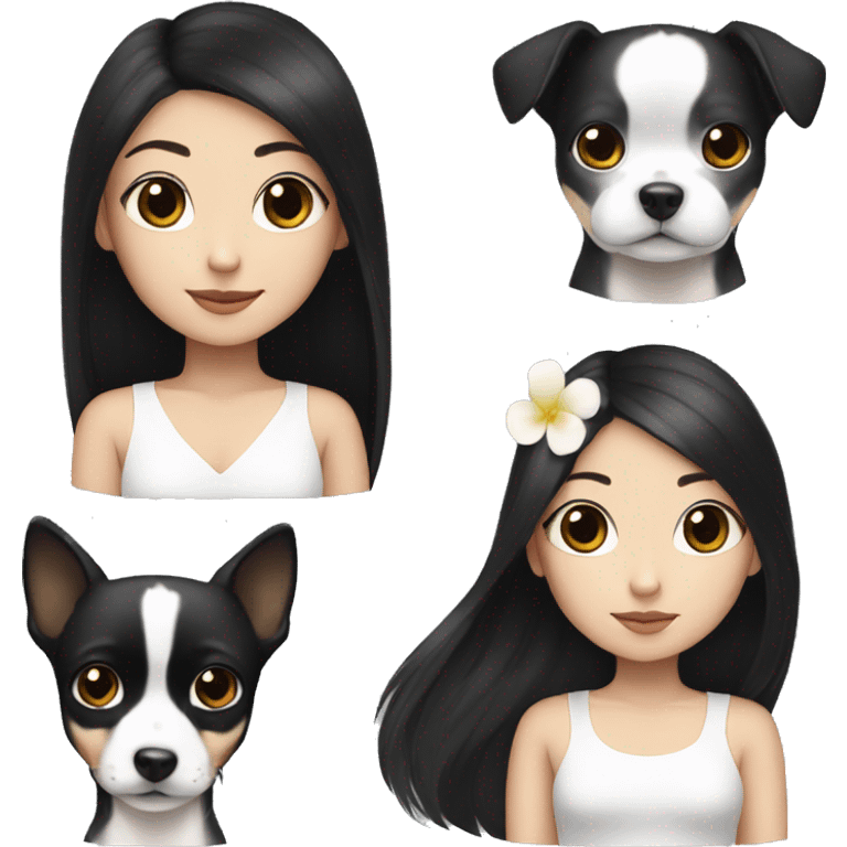 Korean girl with long black hair There is a black and white Chihuahua. emoji