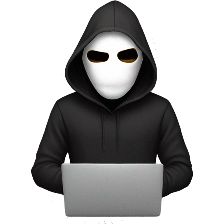 anonymous with laptop with black hoodie and having a mask and have eyes  emoji