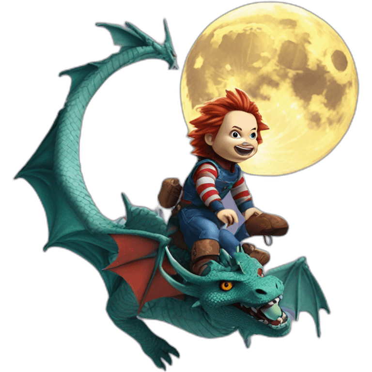 Chucky on a dragon flying to the moon emoji