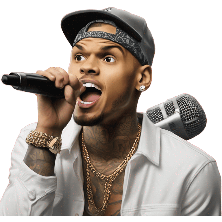 Hyper Realistic Chris brown singing residuals with red patterned bandana ceiling mic emoji