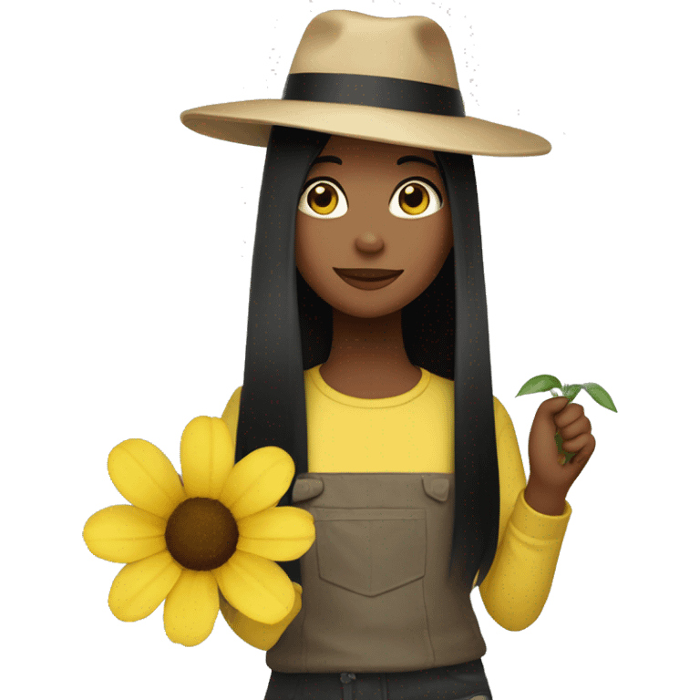 Girl with black long straight hair wearing a hat and a yellow flower in her hand emoji