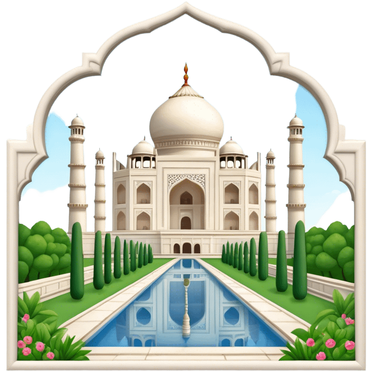 Cinematic Realistic Taj Mahal Landmark Emoji, depicted as the iconic marble mausoleum set amidst lush gardens rendered with intricate detail and ethereal, soft lighting. emoji