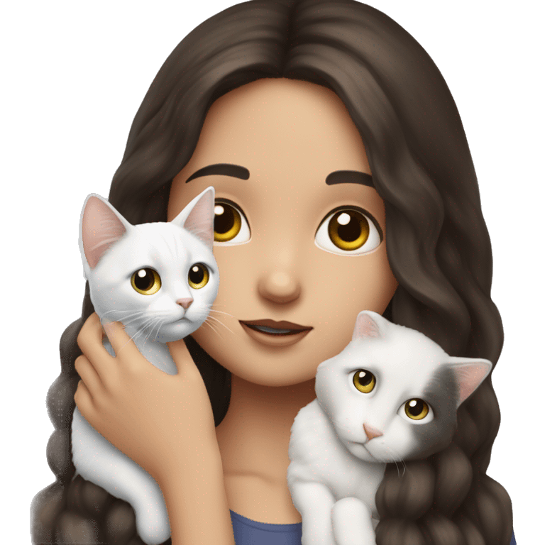 brunette girl holding white cat with heterochromia ￼ emoji