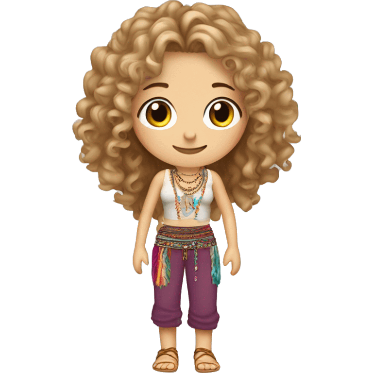 Caucasian hippie girl with curly dirty blonde hair, hazel eyes, baggy colorful pants and a tank top, lots of bohemian bracelets and jewelry emoji