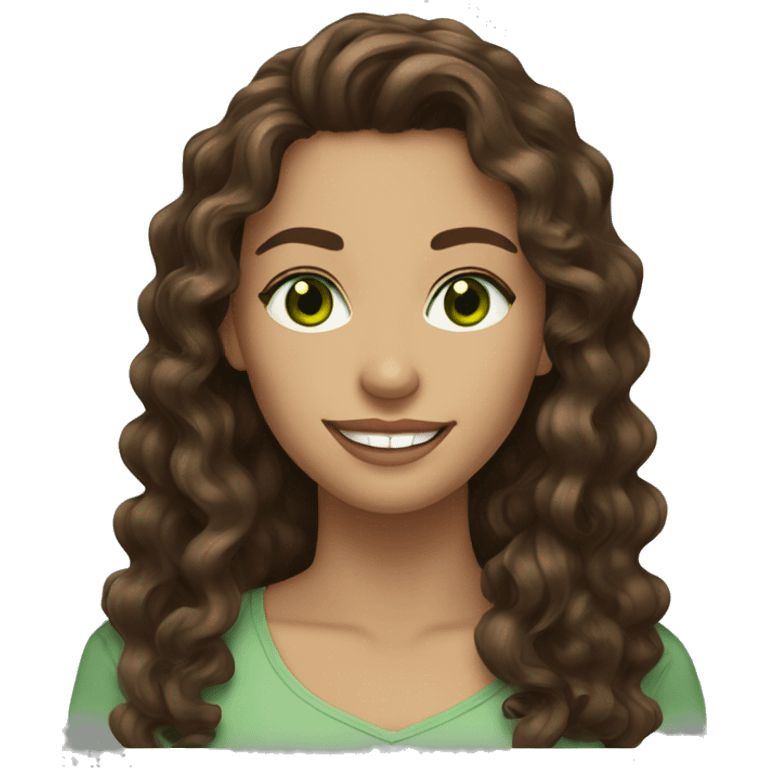 brunette woman green eyes long brown curly hair full lips smile emoji