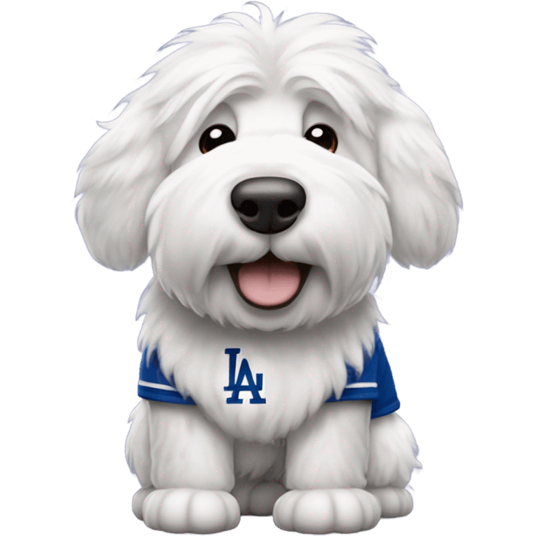 Old English Sheepdog full height wearing a Los Angeles dodgers baseball jersey emoji