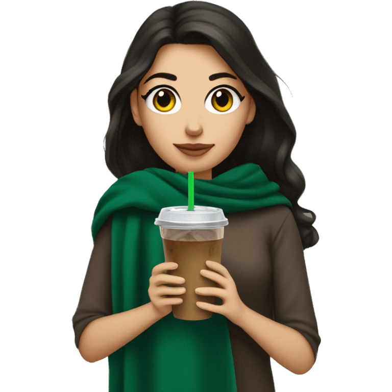 brunette girl with long lashes and a dark green blanket wrapped around her shoulders holding an iced coffee emoji