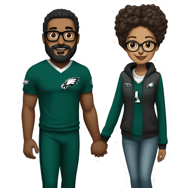 Stalky Brown guy with beard mustache and brown girl with glasses and her hair in a bun in Philadelphia eagles clothes holding hands emoji