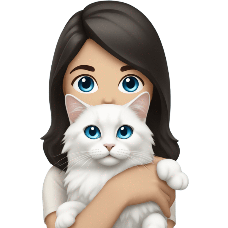 woman with dark hair and holding a all white Siberian cat with blue eyes emoji