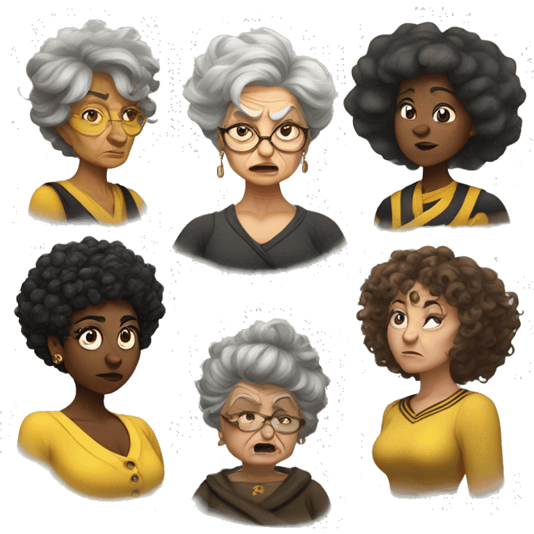 old, curvy woman, hufflepuff, grey and curly and wild hair, madame sprout, angry emoji