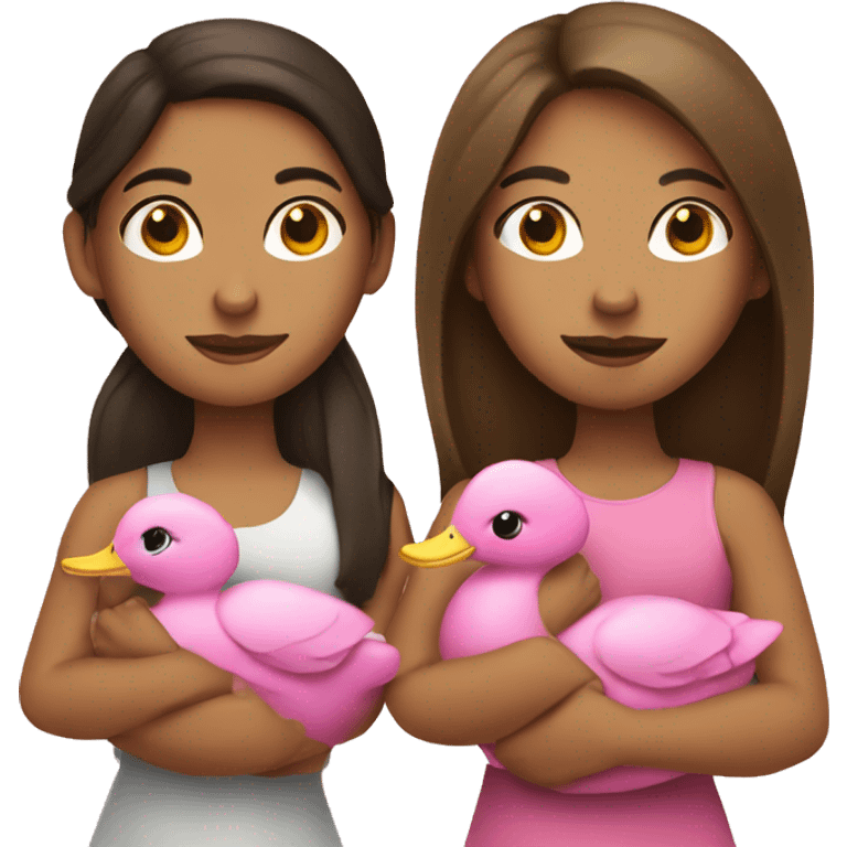 two tan brunette girls holding a pink duck emoji