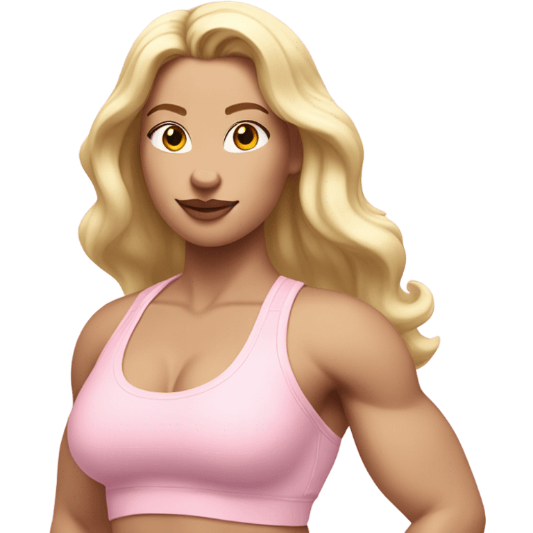 Woman, white skin, pale skin, long hair, blonde hair, wavy hair, baby pink sports bra, baby pink leggings, flexing one arm up emoji