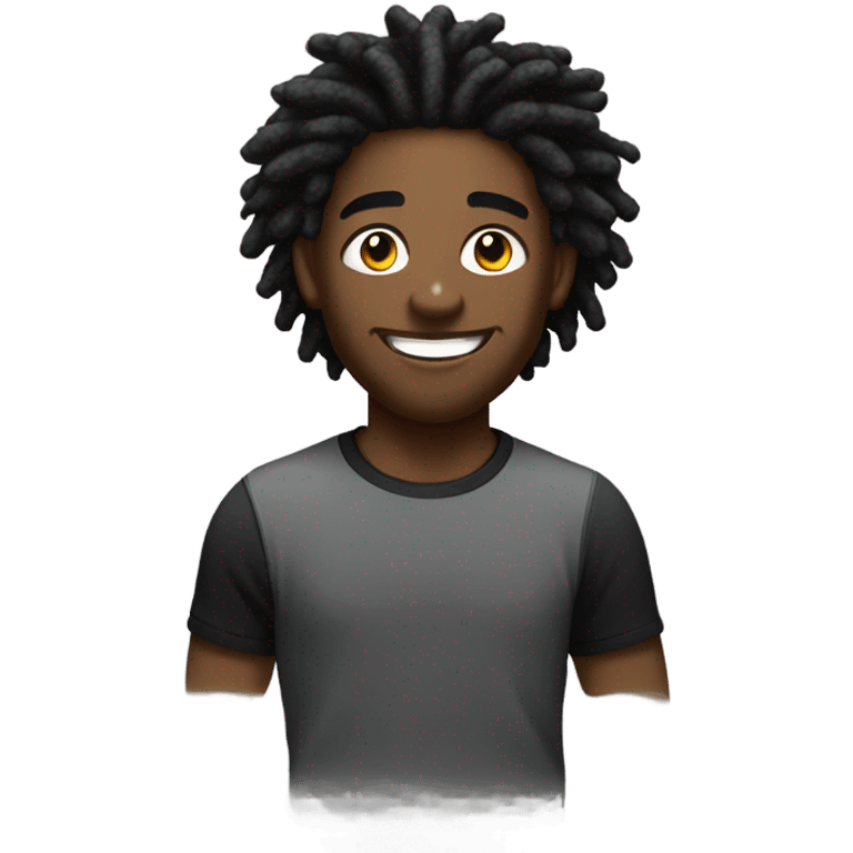 Black guy with black and white short fluffy dreadlocks, and black t-shirt, smiling emoji