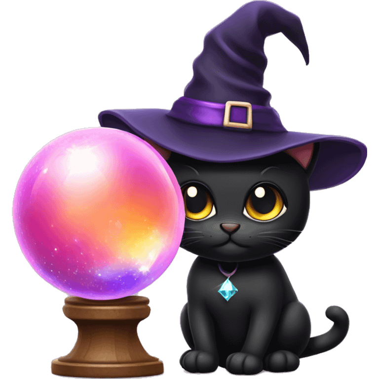 Black cute cat with crystal ball and witch hat emoji