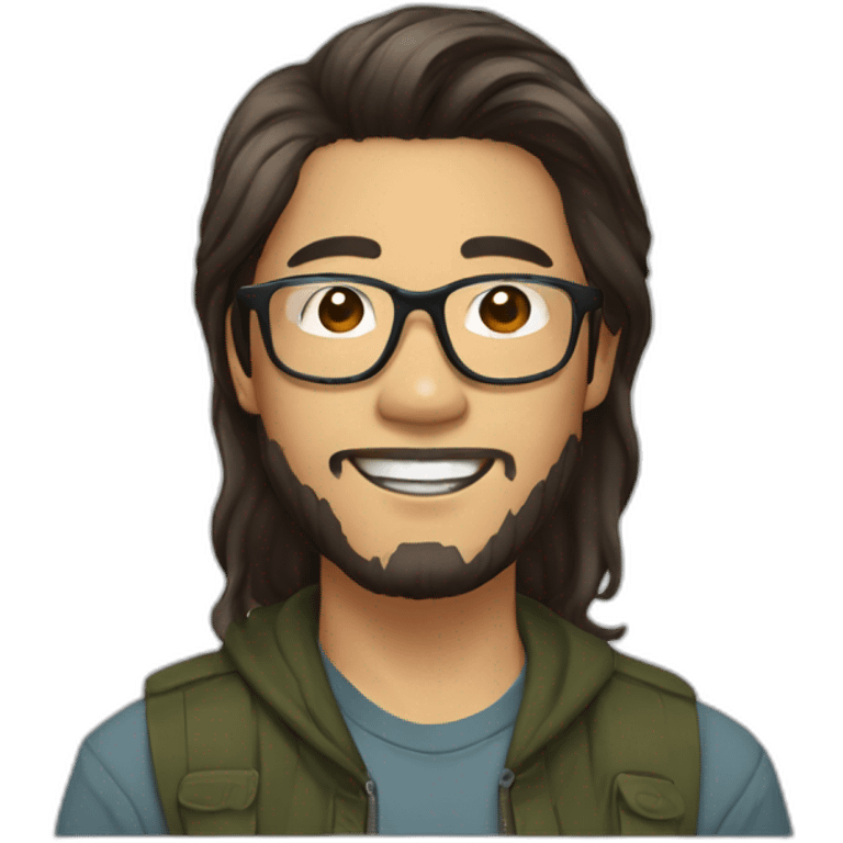 young asian guy brown long hair with parting in the middle turtletoise glasses and a beard emoji