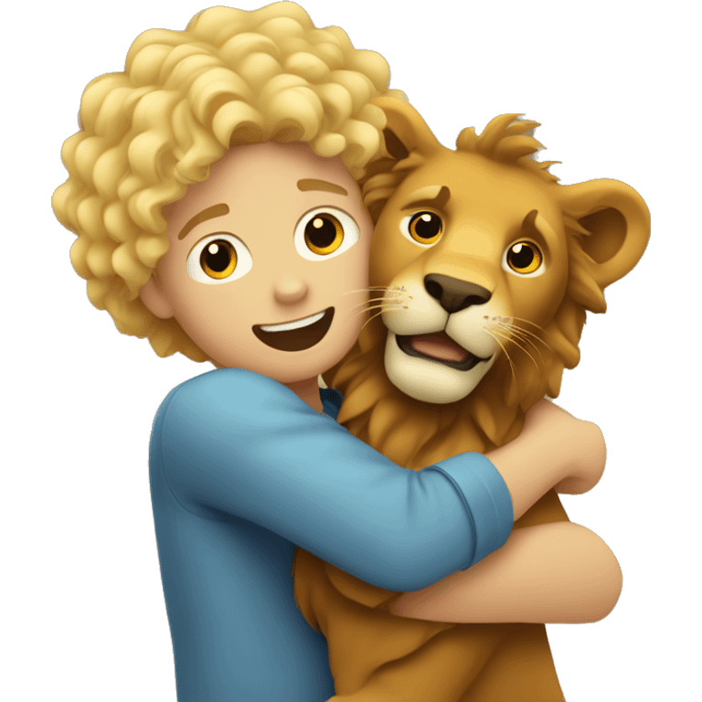 curly blonde boy hugging a lion emoji