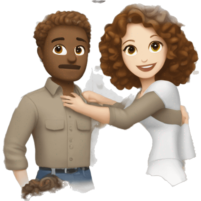 A white man with brown hair dating a white woman with curly brown hair at the restaurant. They are in love emoji