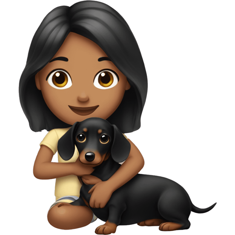 A girl with black hair and dachshund puppy    emoji