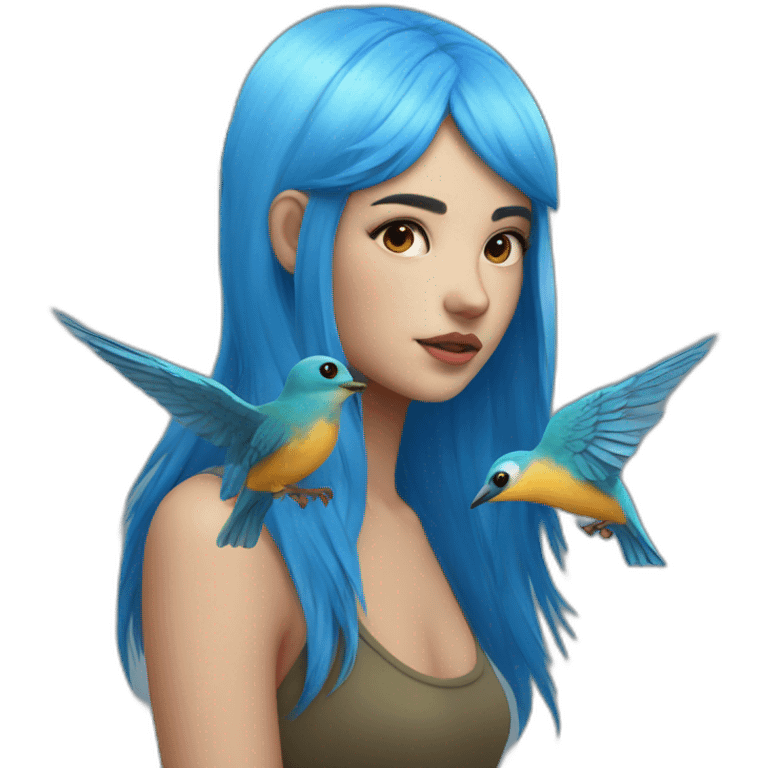 girl with a blue hair with birds in the head emoji