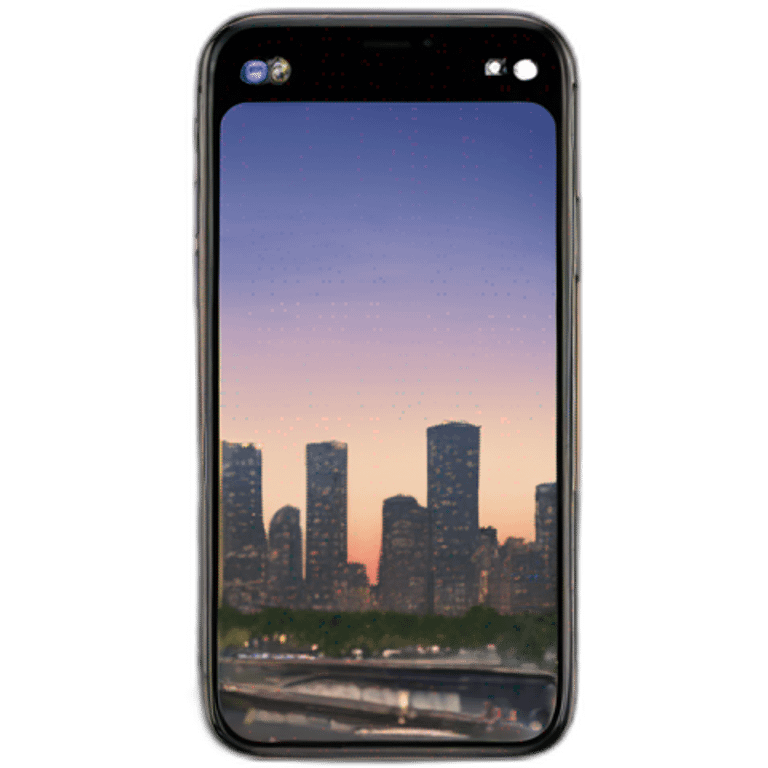 iPhone with open camera app taking a picture of evening city emoji