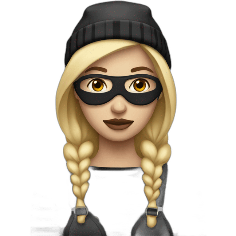 bank robber blonde woman with black beanie hat eye mask and striped shirt emoji