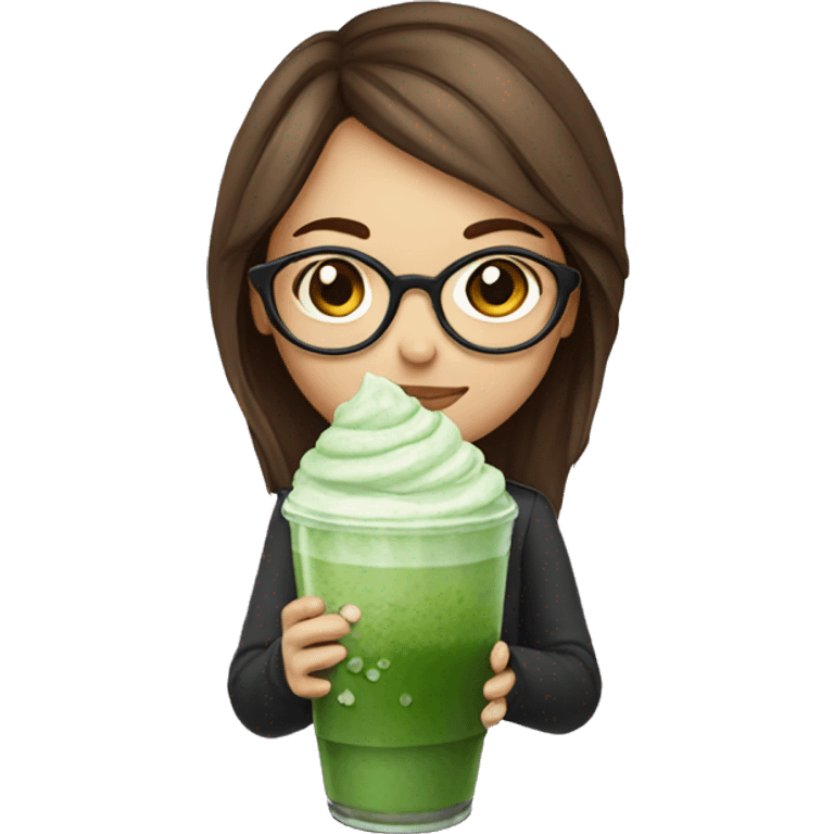 Girl with brown hair and glasses holding a iced matcha emoji