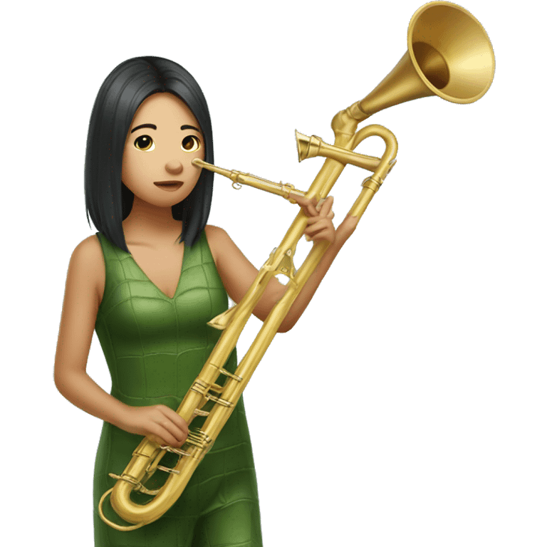 Asian girl in alligator costume with trombone  emoji