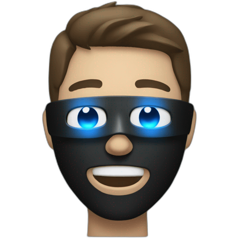 Boywithuke wearing a black led mask with blue eyes emoji