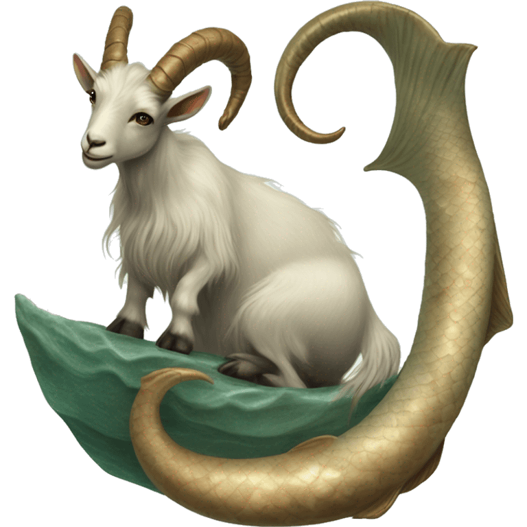 Goat with big horns attached to a long wrapped up mermaid fish tail, Capricorn, creature mythology, watery & earthy tones, mystical, realistic  emoji