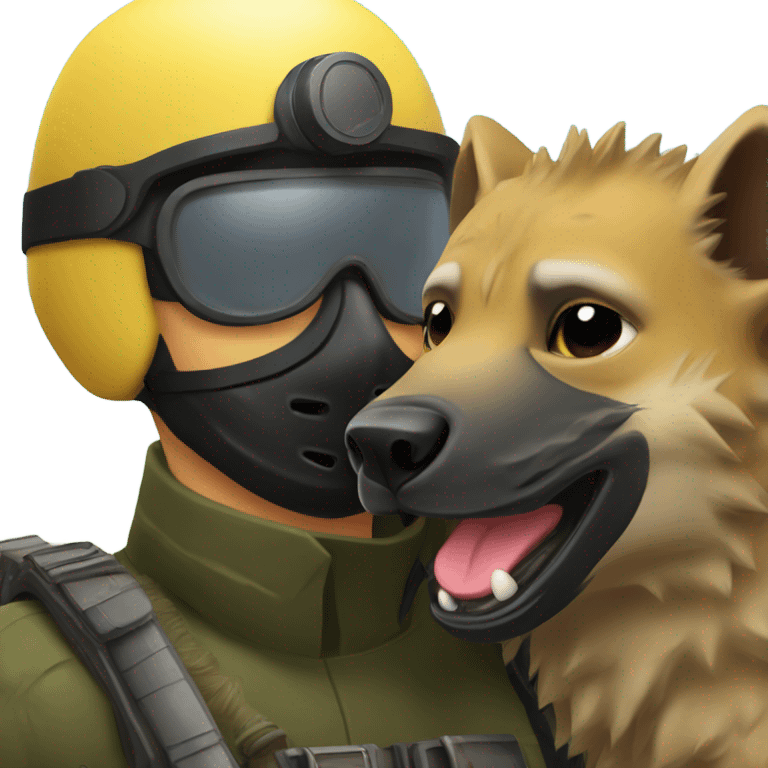 Yellow army Pilot with black mask googles, and then a big hyena kissing him emoji