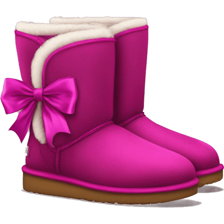 Realistic pair of magenta Ugg fur boots with silk ribbon bows. emoji