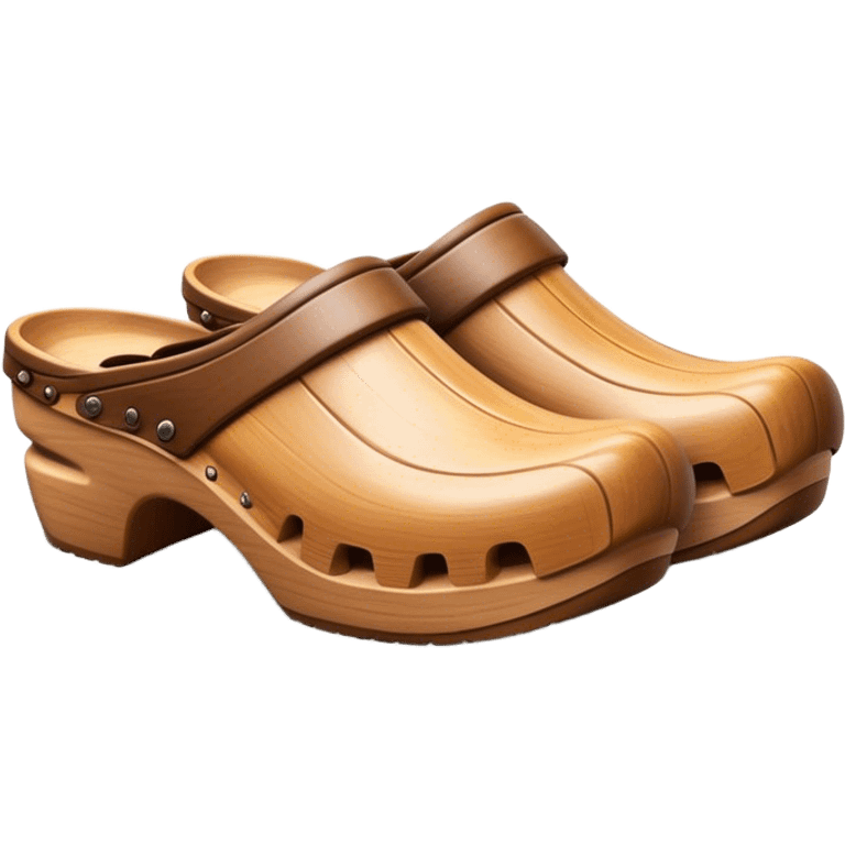 Cinematic Realistic Wooden Clogs Emoji, depicting the classic handcrafted footwear with a smooth, curved design and sturdy wooden soles, rendered with rich textures and warm, natural lighting. emoji