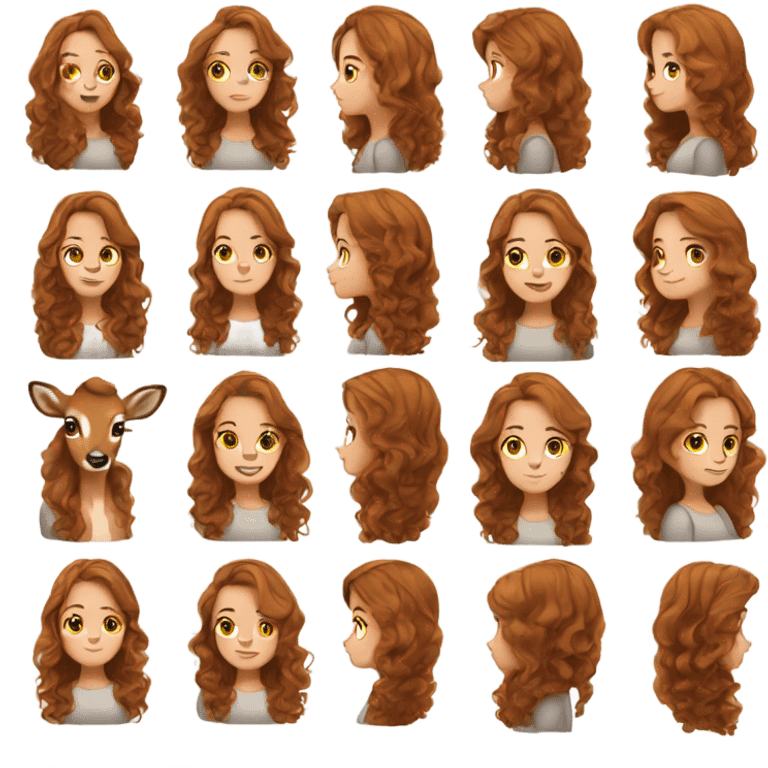 A girl, with gingerish brown hair, wavy hair, deer pretty emoji