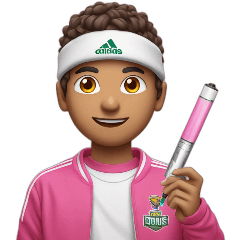 Arabic boy with layered cut, with pink adidas football shirt with white round logo, holding a vape pen emoji