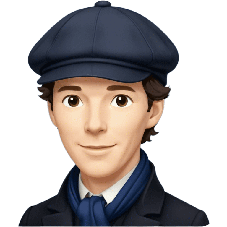 sherlock holmes benedict cumberbatch smile, wearing a deerstalker hat, Long dark coat, Dark suits, dark Blue scarf emoji