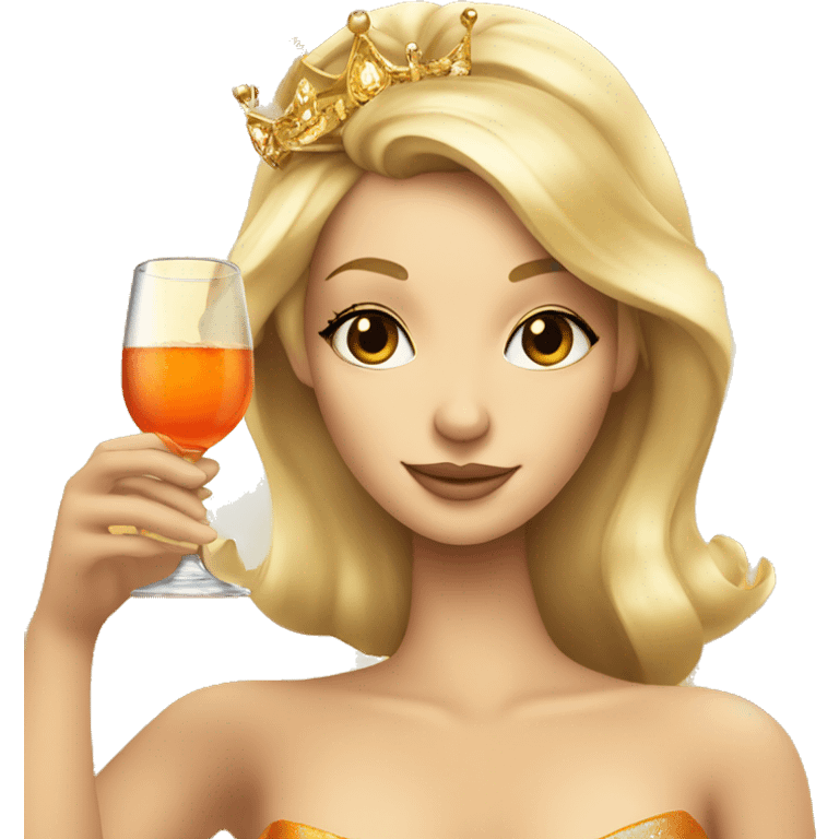 beautiful blond princess with crown in a golden dress drinking aperol emoji