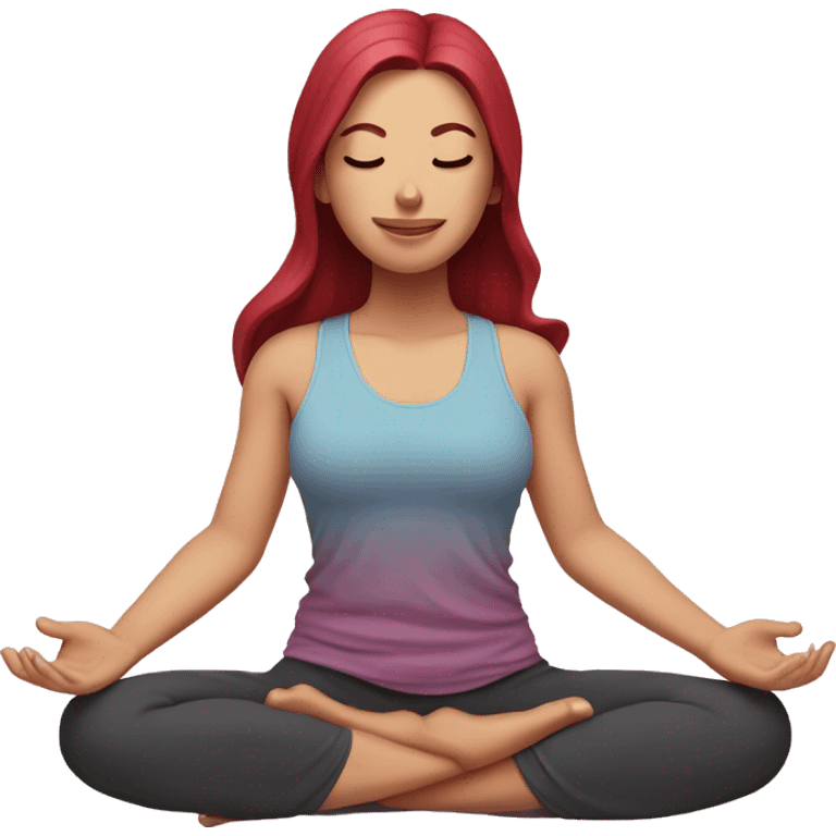 yoga girl, lotus position, pink skin, long and dark red hair, eyes closed, smiling emoji