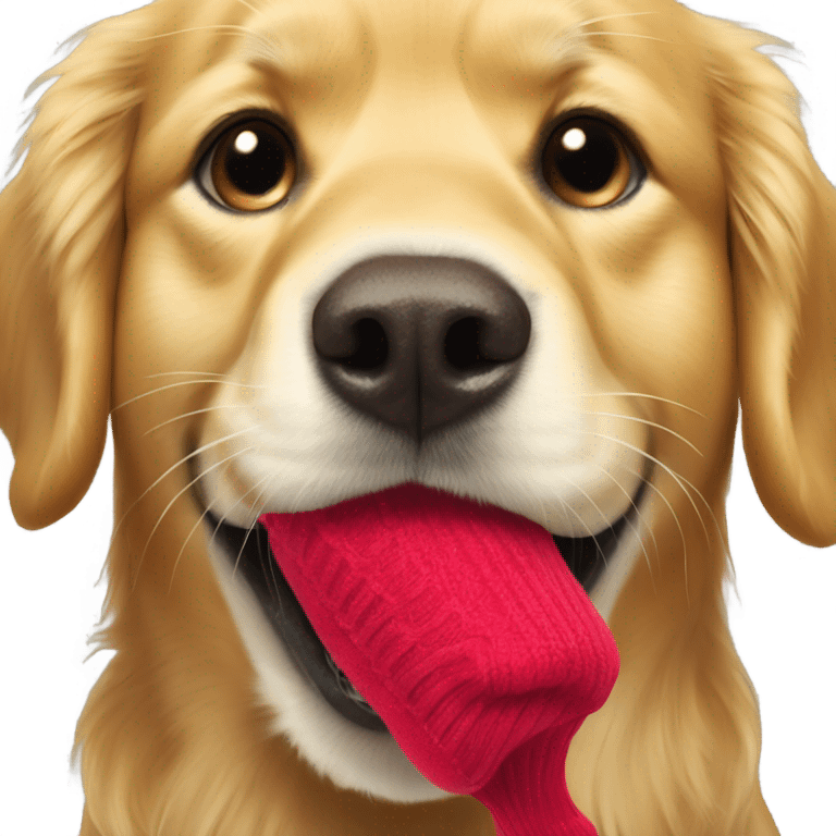 Golden retriever with sock dangling from mouth emoji