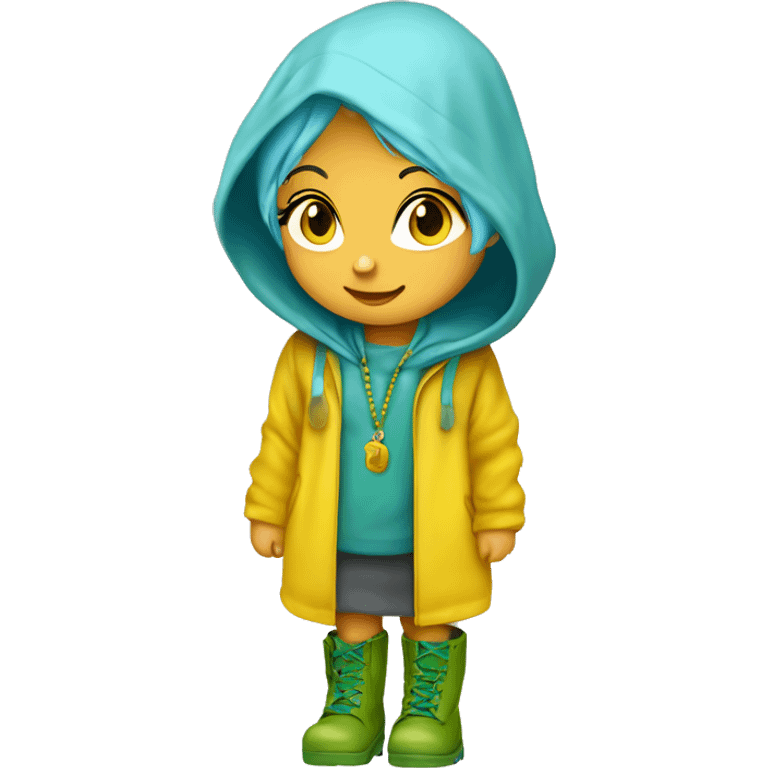 Cute little girl with light blue hair wearing a yellow raincoat hood up with rosary and green muddy boots emoji