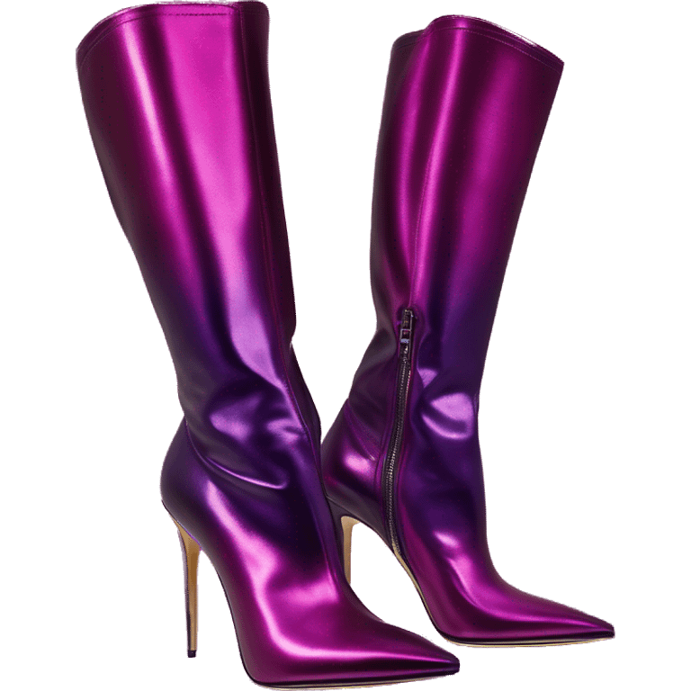 Real isolated top view of a pair of metallic magenta to dark purple ombre Jimmy Choo stiletto ankle bootie boots.  emoji