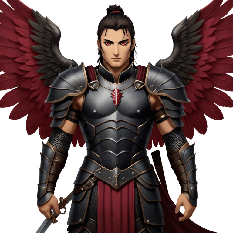 A towering Illyrian warrior with long, dark hair tied loosely at the nape of his neck, his hazel eyes flickering with battle-hardened resolve and mischief. His powerful frame is clad in black leather armor with deep crimson accents, fitted perfectly to his broad shoulders. His massive Illyrian wings stretch behind him, their leathery surface marked by scars of countless battles. A wicked grin plays on his lips, revealing the roguish charm beneath the warrior's exterior. emoji