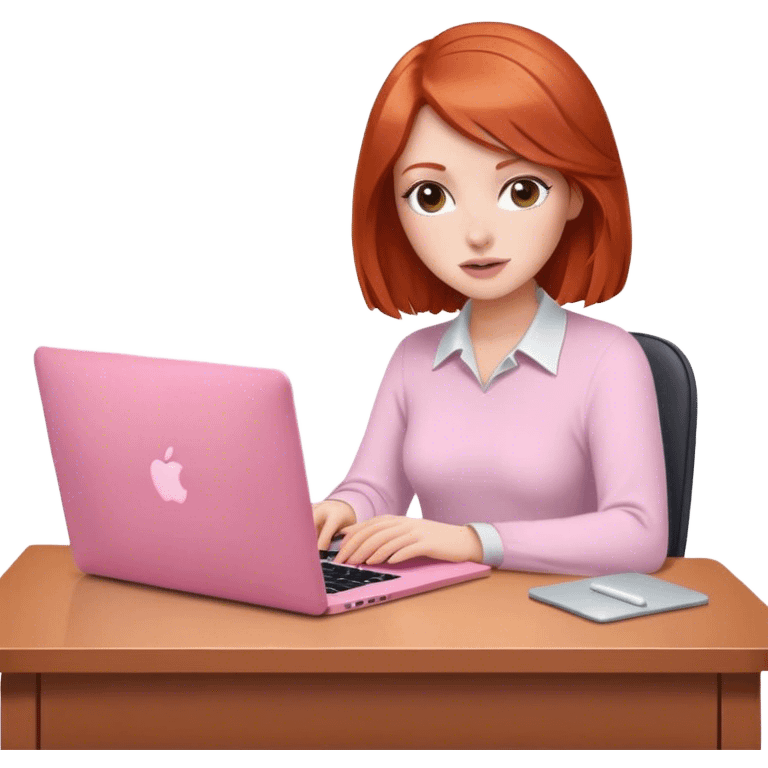 Bob hair Redhead sat at desk with pink MacBook  emoji