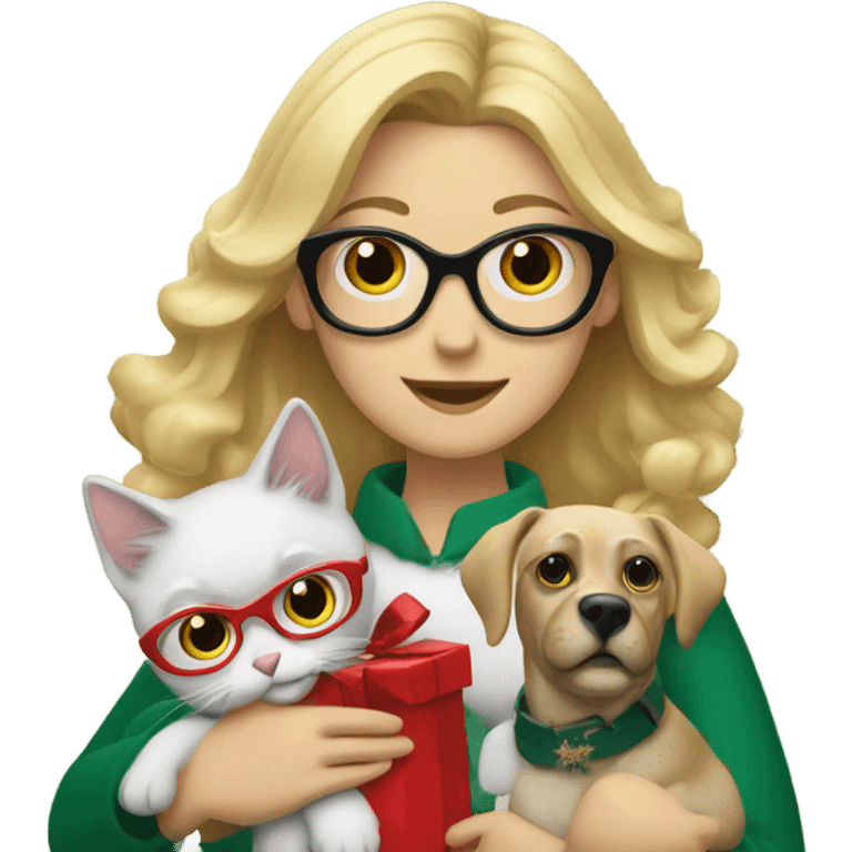 Blonde woman with glasses, holding a cat and a dog in front of the Christmas tree emoji