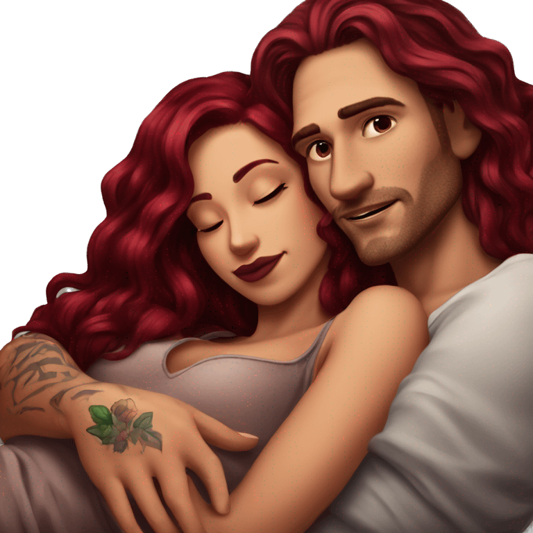 Beautiful tattooed burgundy long haired woman laying on the boyfriends chest emoji